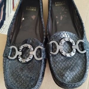 Stuart Weitzman Black Textured Loafers with Silver Embellishment